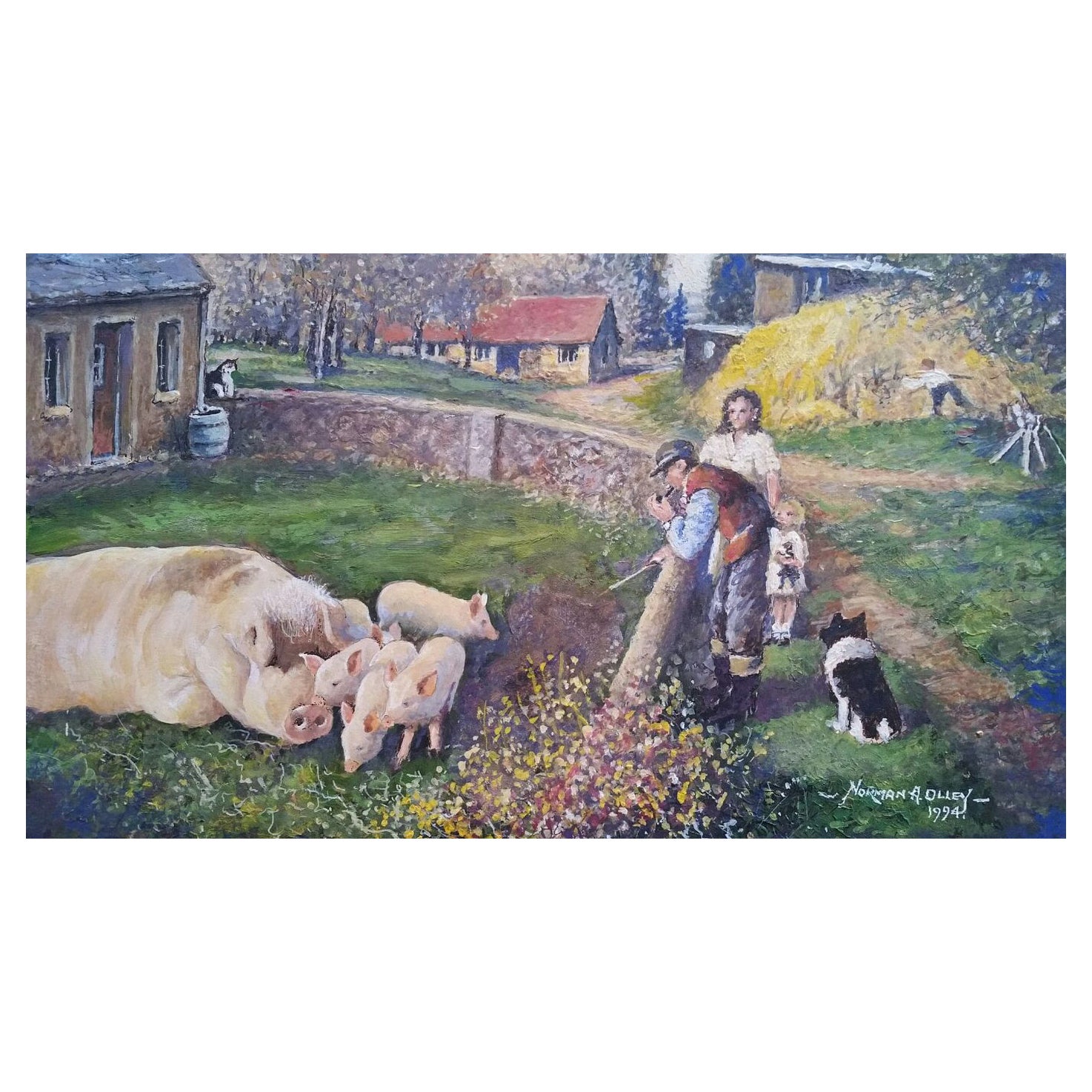 Peinture anglaise traditionnelle d'une scène de ferme dans le Kent Farmer & Pigs en vente