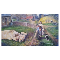Peinture anglaise traditionnelle d'une scène de ferme dans le Kent Farmer & Pigs