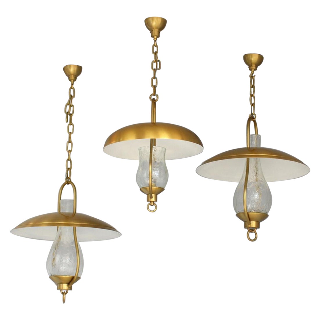 3 belles lanternes françaises suspendues en bronze et verre "craquelé". et verre craquelé de Jean Perzel