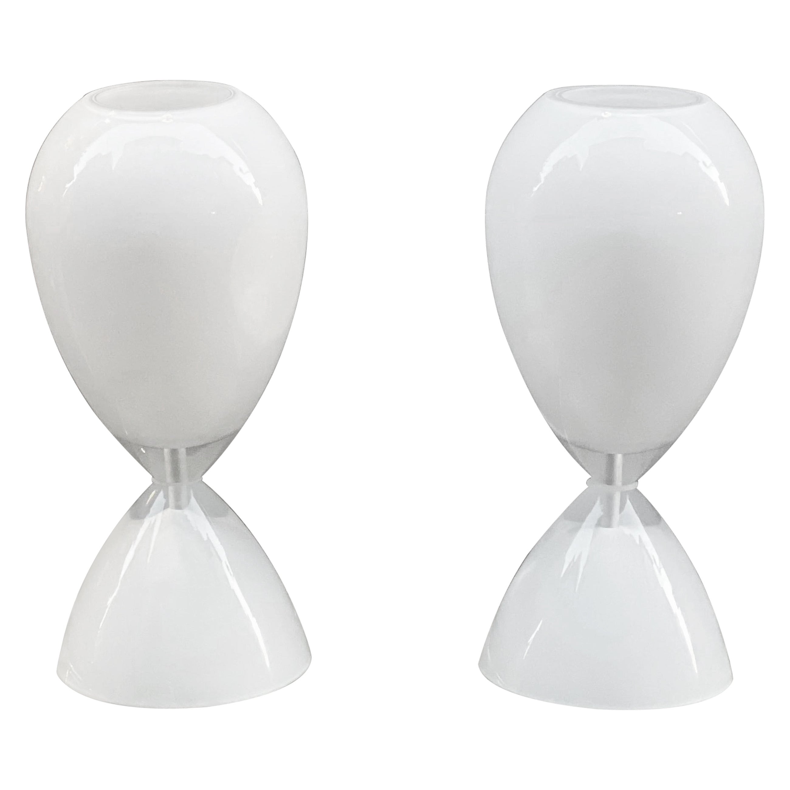 Pair of White Murano Glass Hourglass Table Lamps, 1950s
