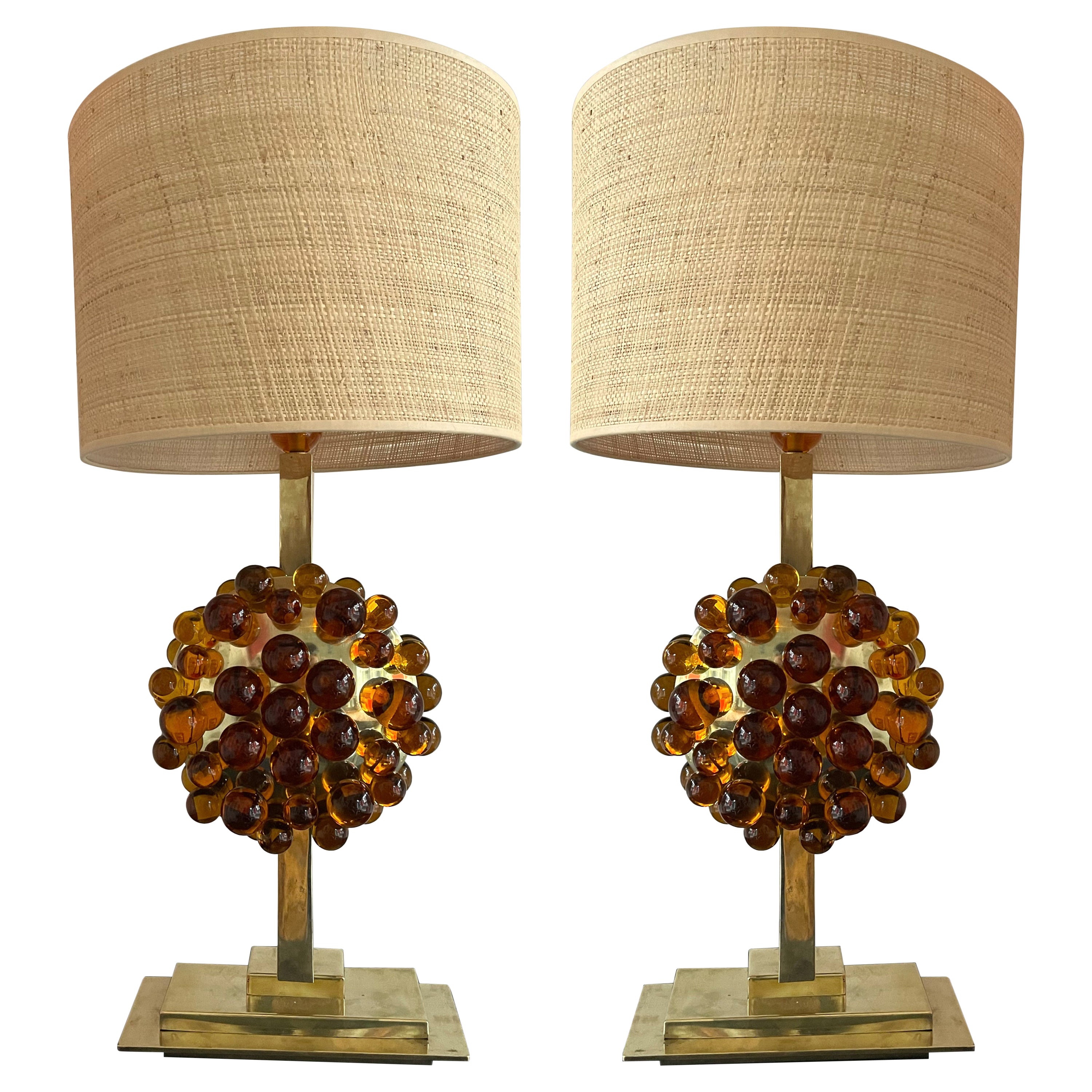 Contemporary Pair of Brass Murano Glass Amber Bubble Lamps, Italy