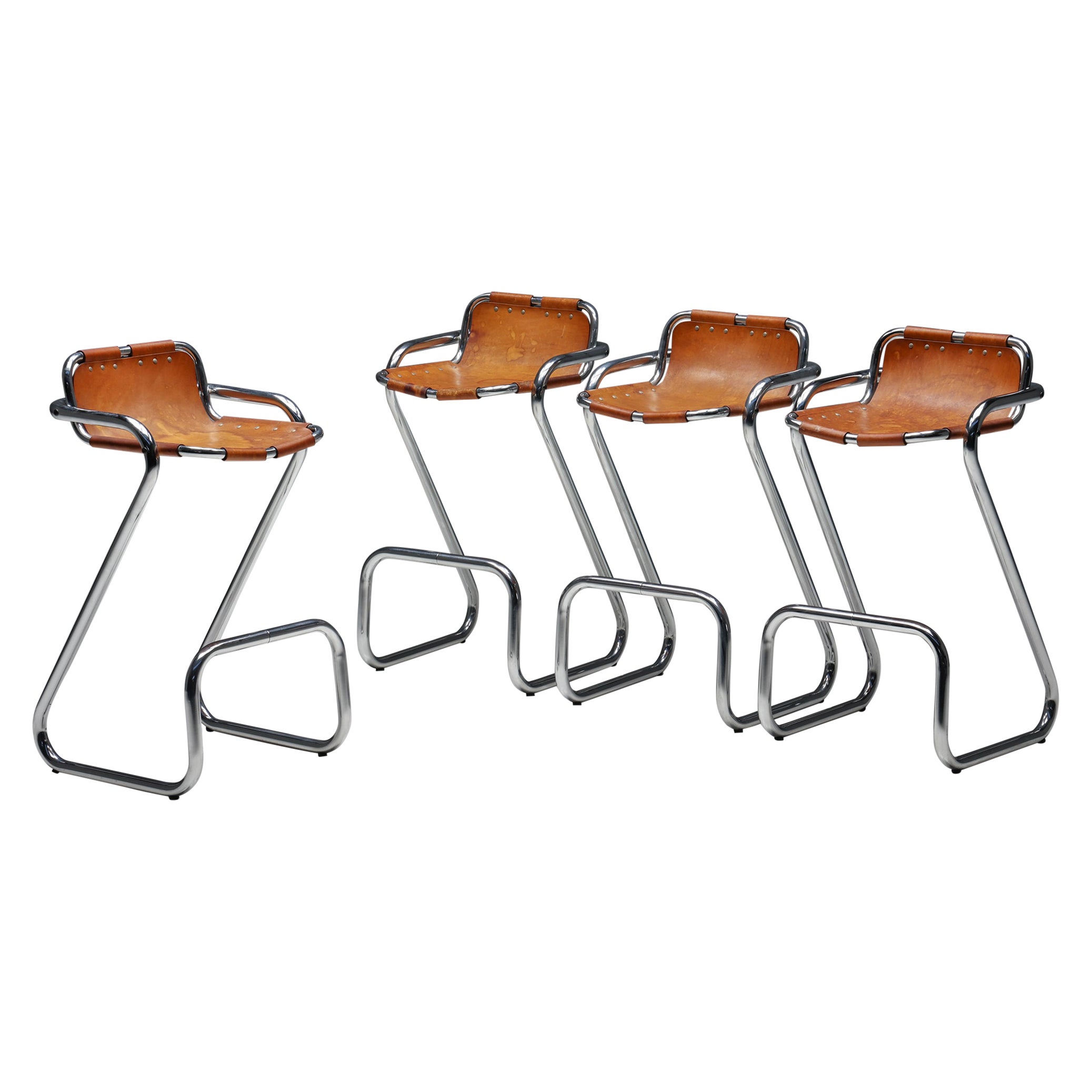 Perriand Style Les Arc Cognac Leather Barstools, 1960s