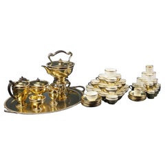English Monumental Gilt Sterling Silver Tea Set w/ Tray, Cups & Saucers Regency