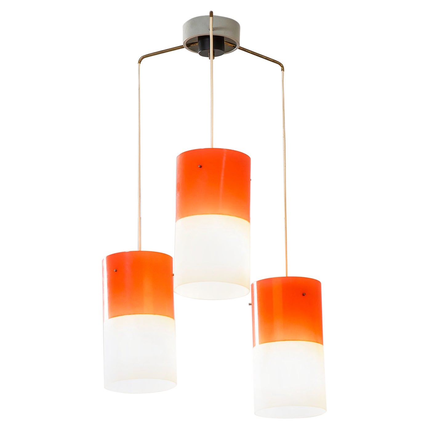 20th Century Stilnovo Chandelier with Three Pendants in Plexi and Brass, 60s For Sale