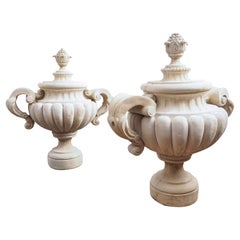 Pair of Large French Cast Stone Garden Urns with Gadrooning and Scrolled Handles