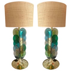 Contemporary Pair of Brass Murano Glass Disc Lagoon Lamps, Italy