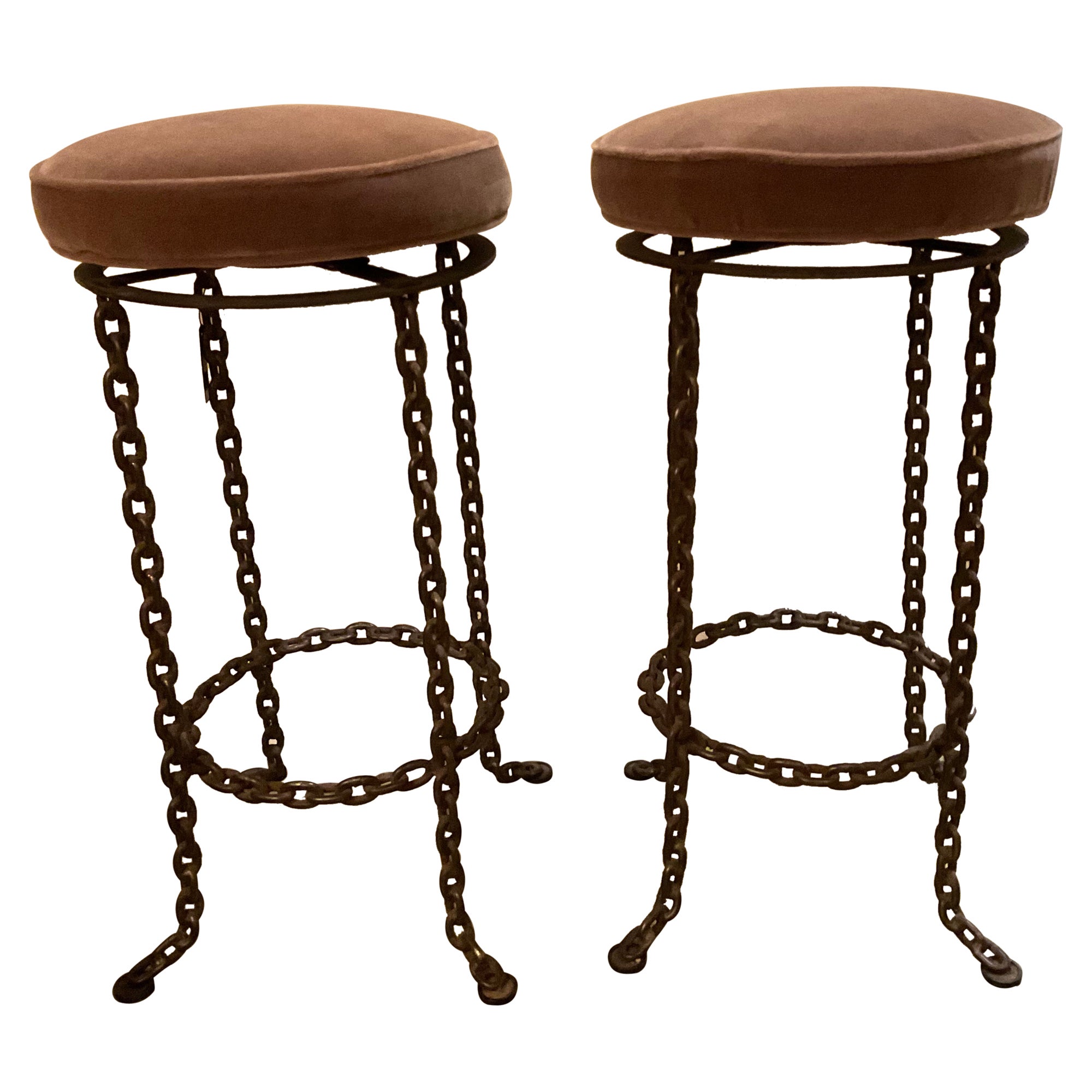Pair of Chain Link Swivel Seat Barstools For Sale