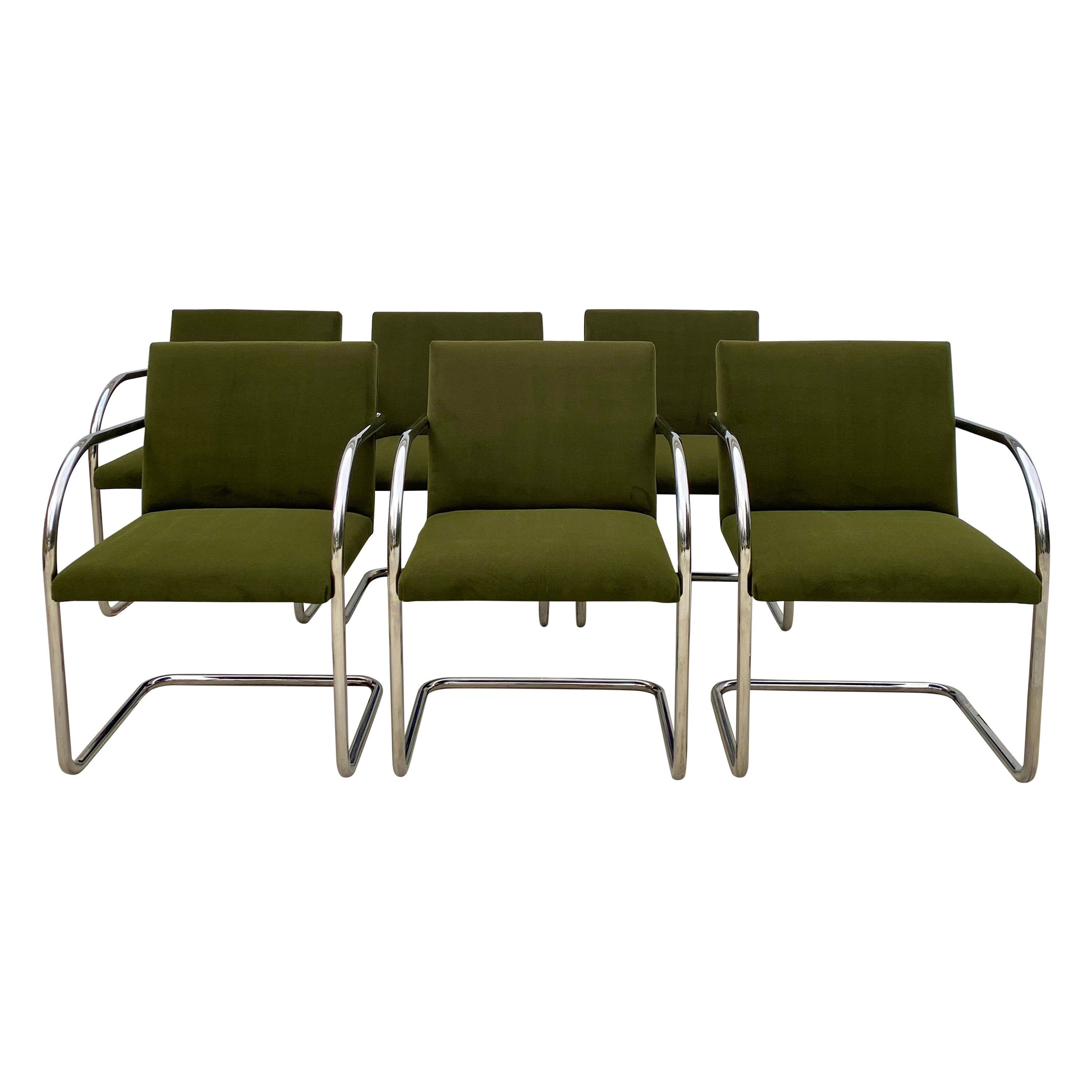 Set of 6 Chrome Mies Van Der Rohe Tubular Brno Chairs by Knoll in Green Velvet For Sale