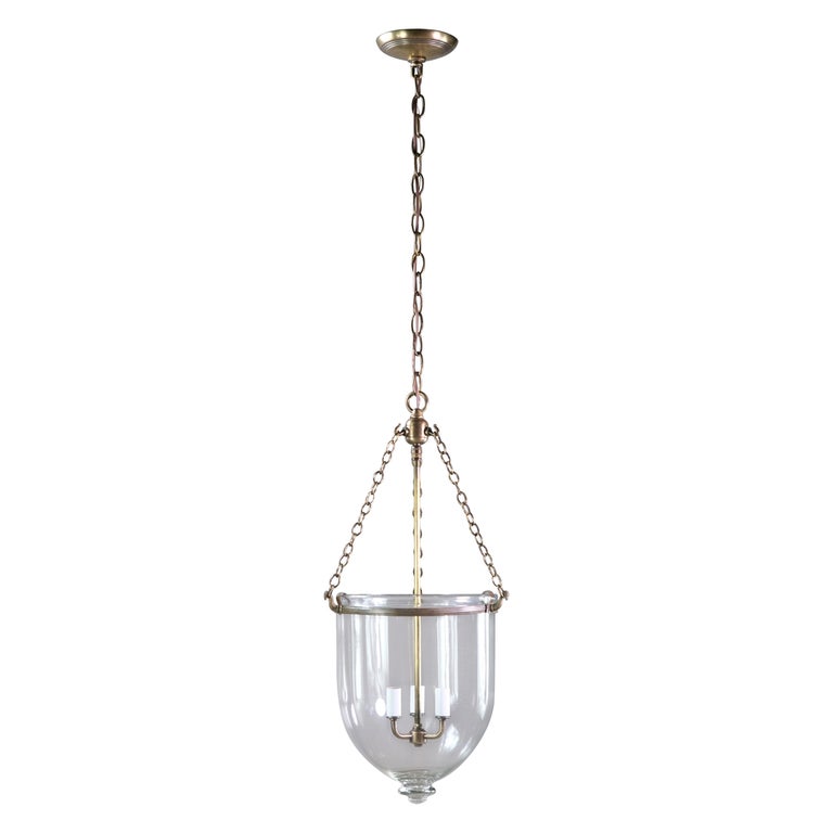 Antique Austrian Bell Jar Pendant Light Brass Hardware Three Candelabra Lights For Sale at 1stDibs