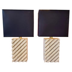 Pair of Retro Italian Channel Carved Travertine Table Lamps