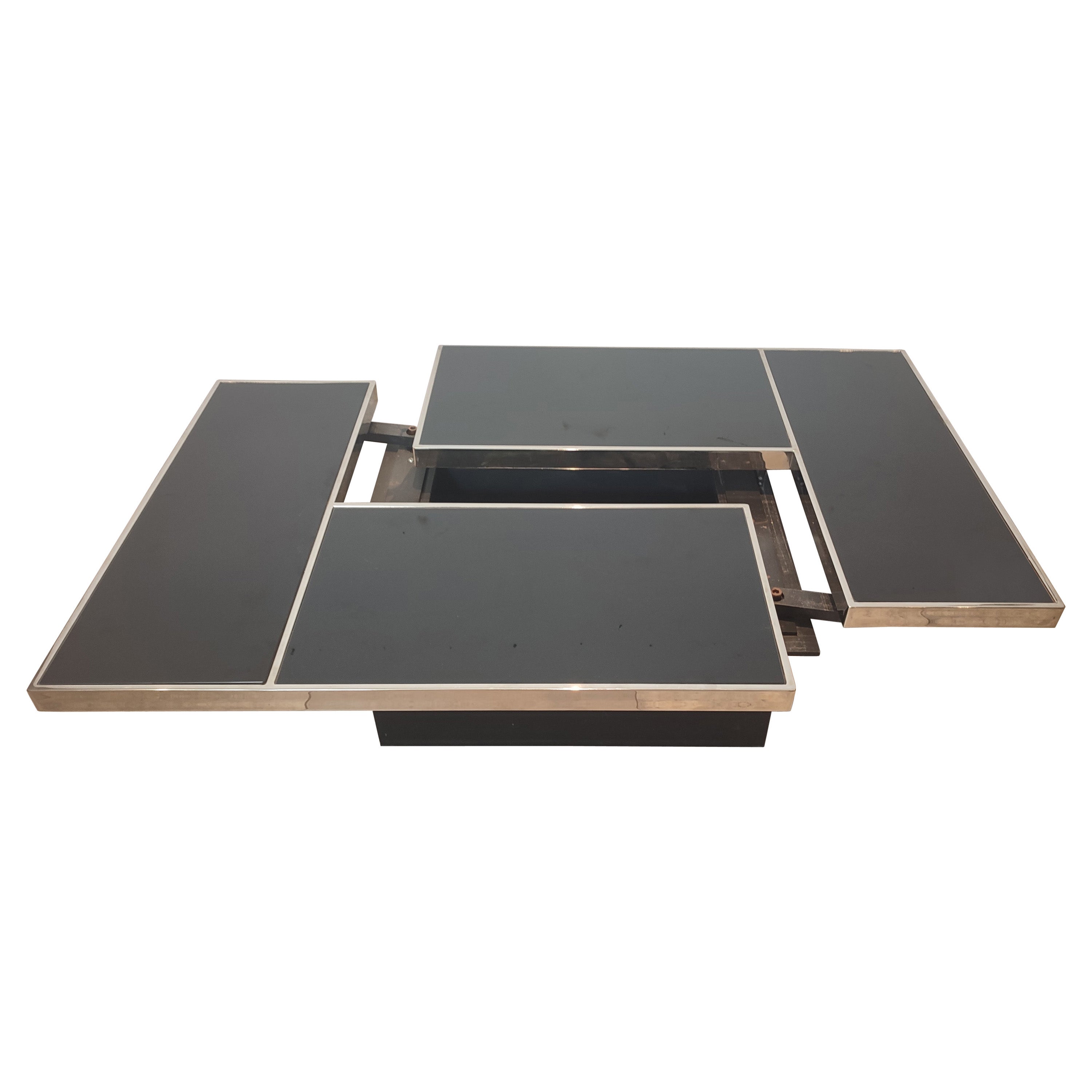 Black Glass and Chrome Coffee Table with Hidden Bar from Willy Rizzo