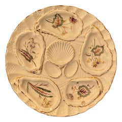 Antique Continental Porcelain Hand-Painted Leaves & Floral Oyster Plate, Ca 1880