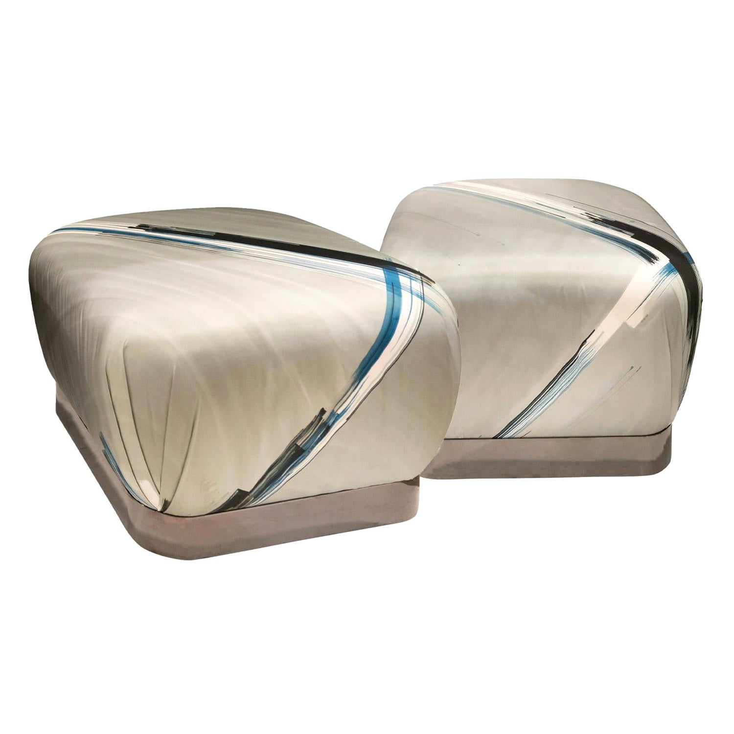Karl Springer Pair of "Souffle Ottomans" with Polished Gunmetal Bases, 1970s For Sale