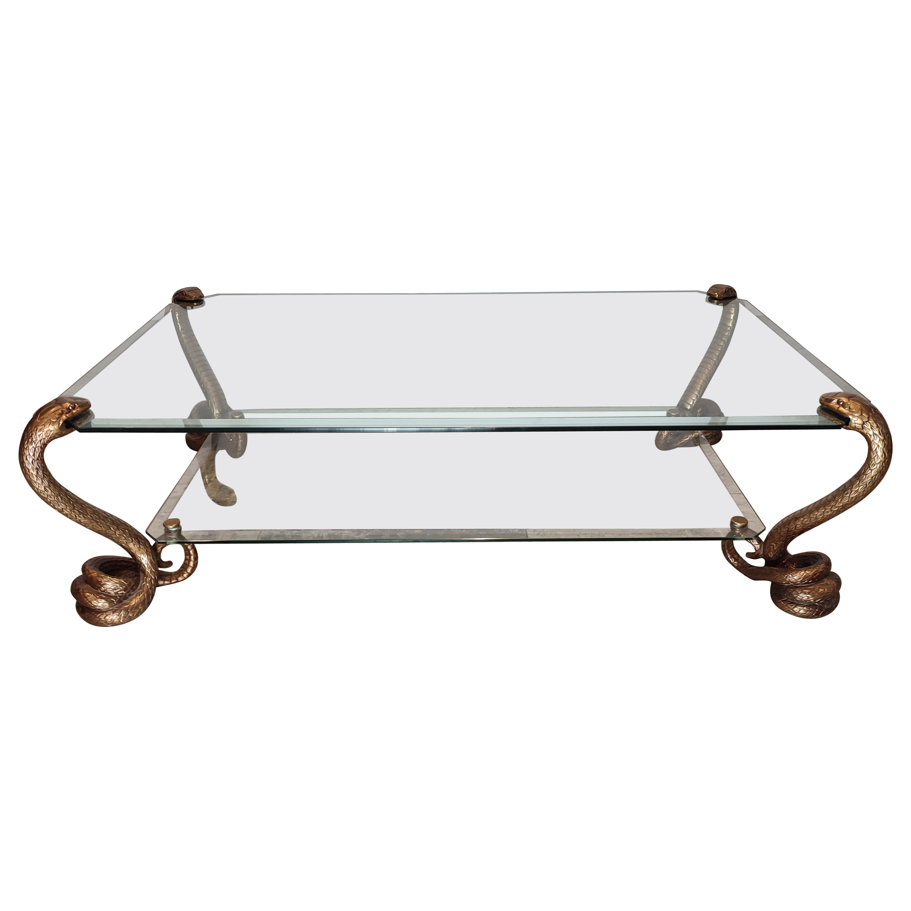 Double Tier Brass Snake Glass Table For Sale