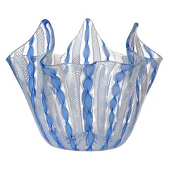 Murano White Blue Aventurine Flecks Ribbons Italian Art Glass Fazzoletto Vase