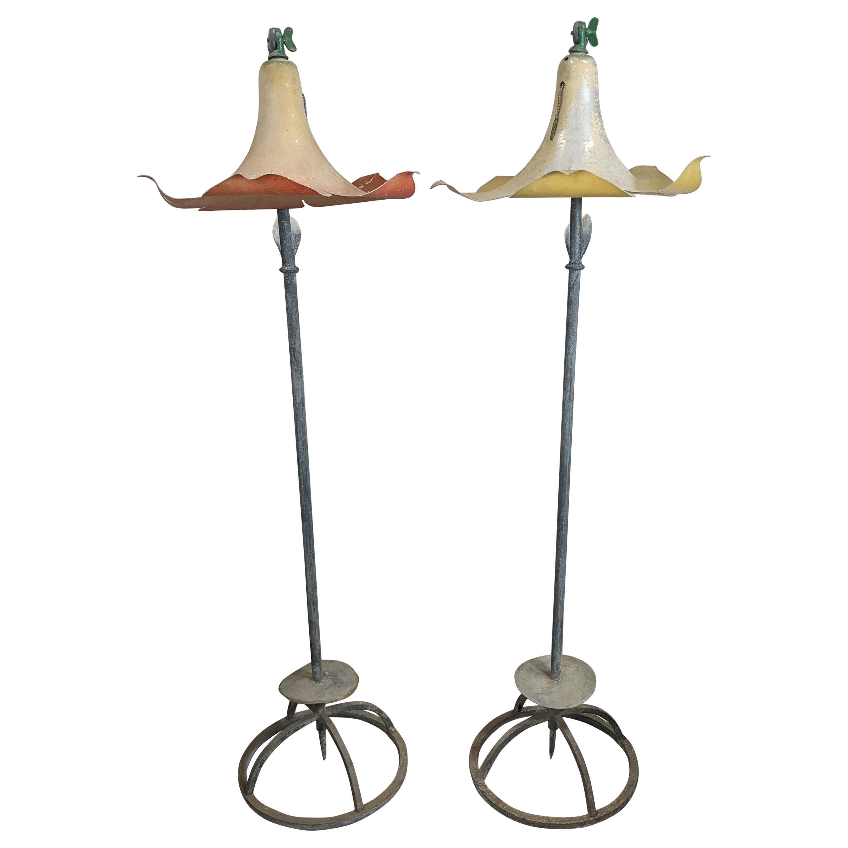 Pair of Charming Art Deco Morning Glory Garden Lamps For Sale