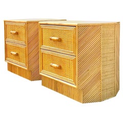 Vintage Costal Pencil Reed and Grasscloth Nightstands, a Pair