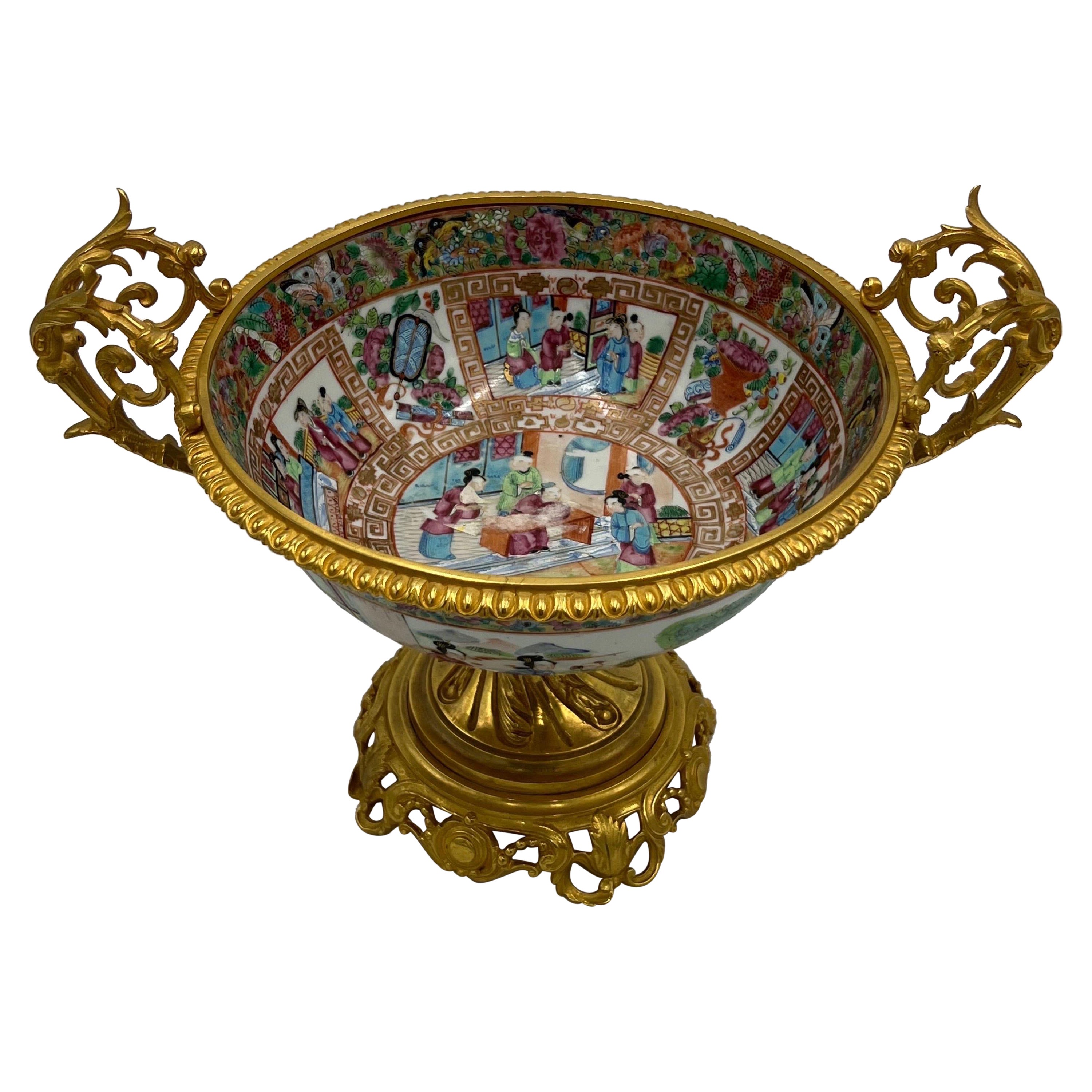 19th Century Chinese Rose Medallion Ormolu Mounted Centerpiece Bowl