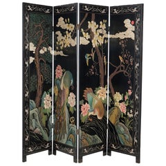 Oriental Ebonized Four Panel Garden Scene Dressing Screen 20th C