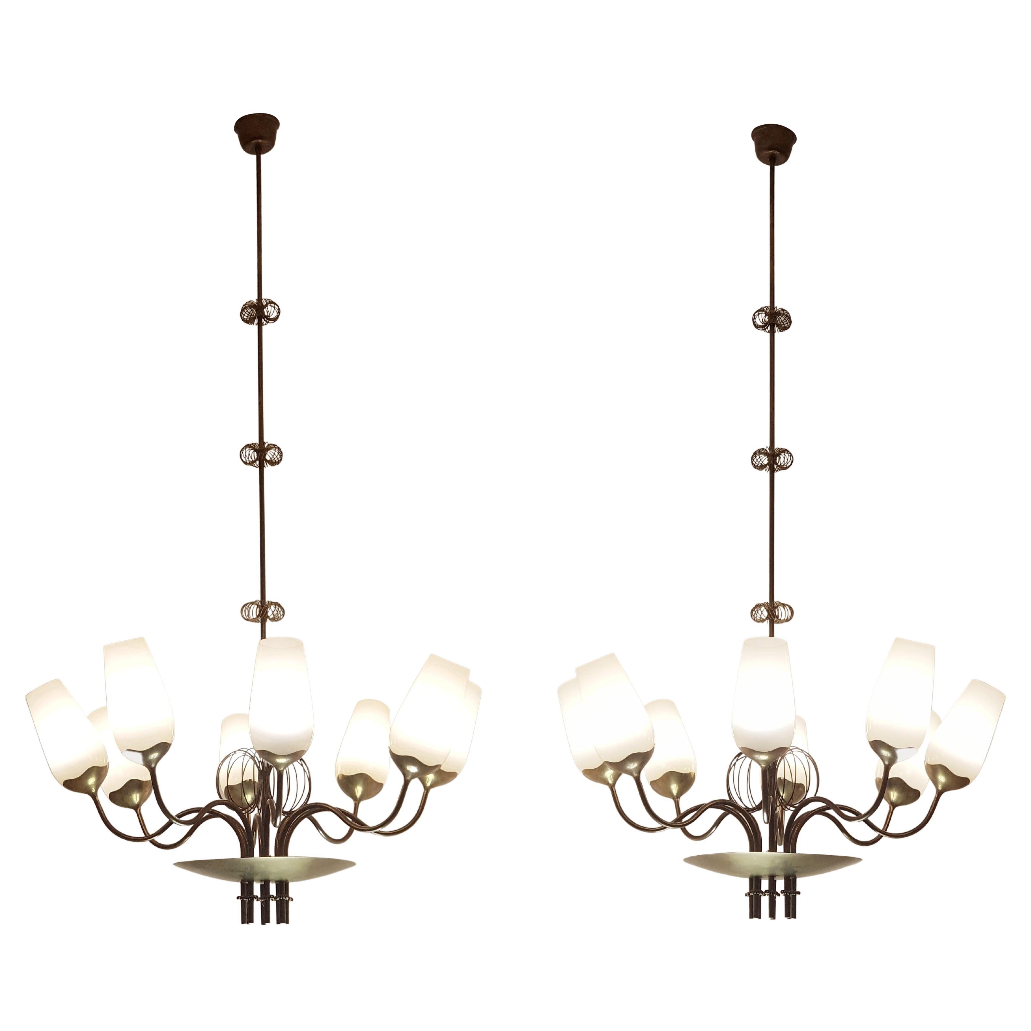 Paavo Tynell Pair Of Commissioned Chandeliers, Brass & Glass, Taito Oy 1950s