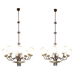 Paavo Tynell Pair Of Commissioned Chandeliers, Brass & Glass, Taito Oy 1950s