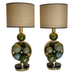Late 20th Century Pair of Brass, Wood, Glass & Green Ceramic Balls Table Lamps