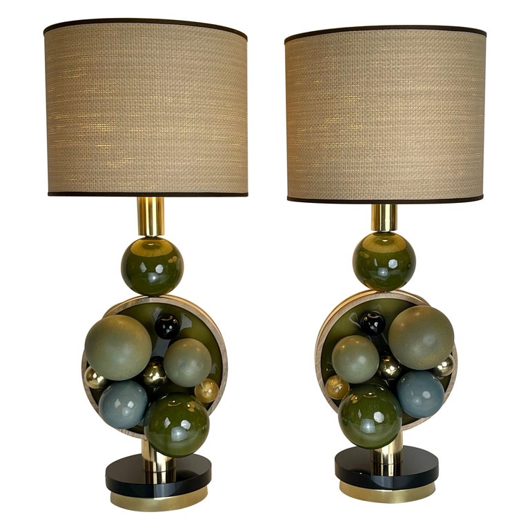 Late 20th Century Pair of Brass, Wood, Glass and Green Ceramic Balls