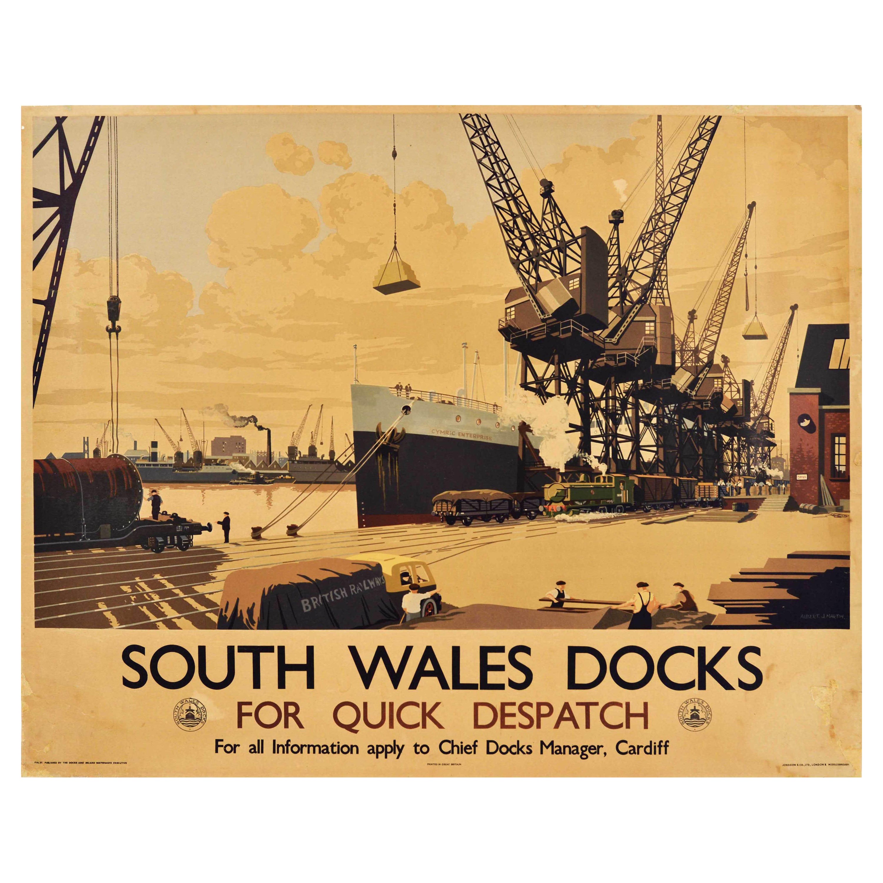 Original Vintage British Railways Poster South Wales Docks Industry Cargo Ship For Sale