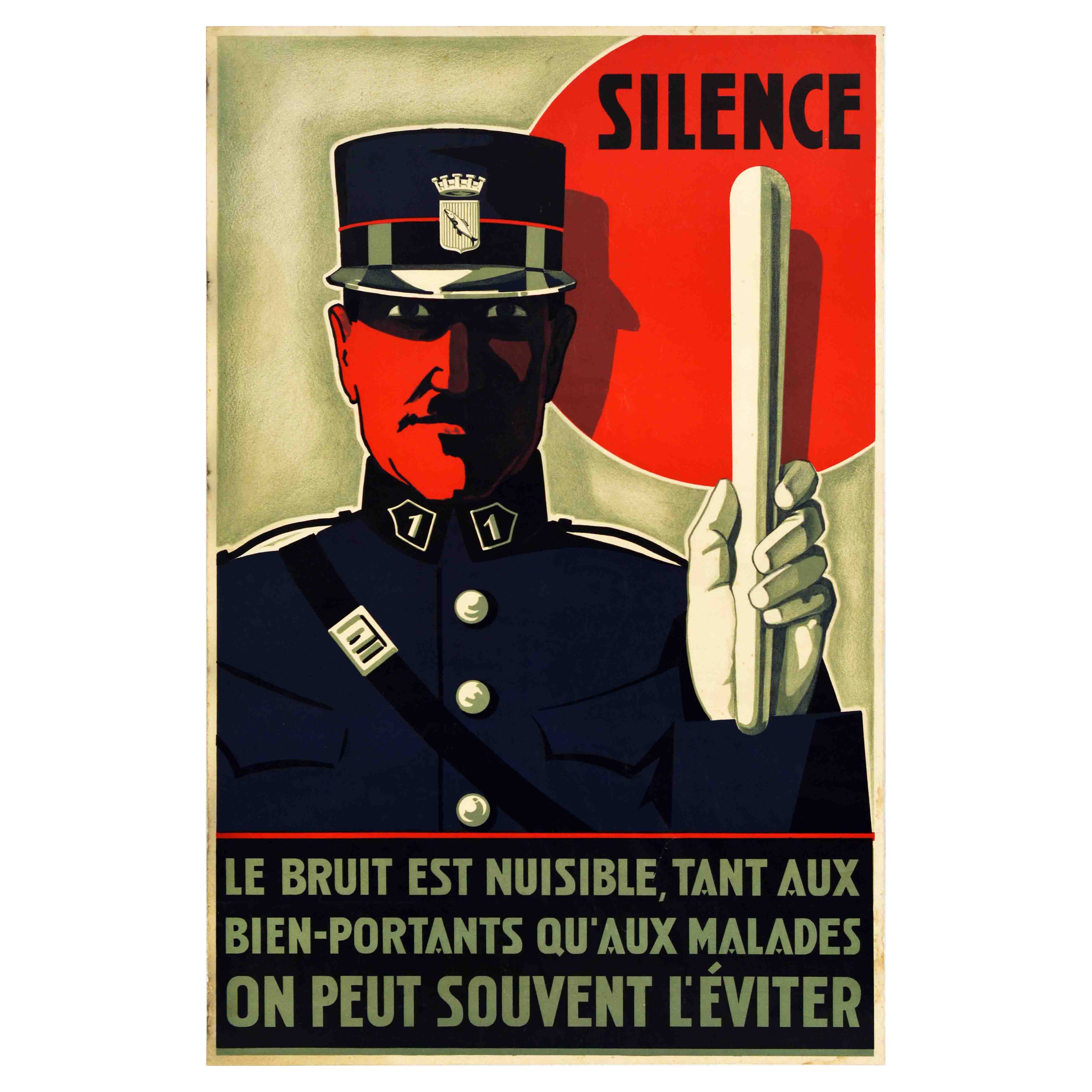 Original Vintage Warning Poster Silence Noise Is Harmful Police Art Deco Design For Sale