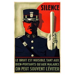 Original Vintage Warning Poster Silence Noise Is Harmful Police Art Deco Design