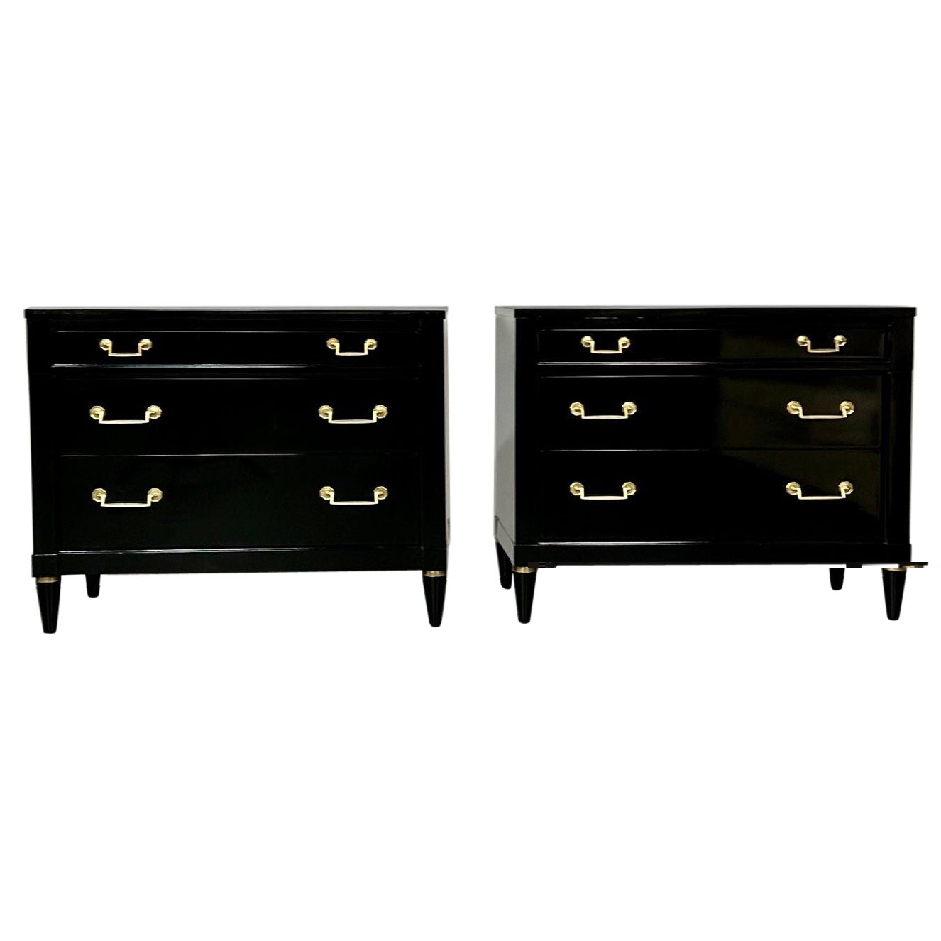 Hollywood Regency Maison Jansen Style Chests / Nightstand, Black Lacquer, Bronze