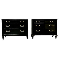 Hollywood Regency Maison Jansen Style Chests / Nightstand, Black Lacquer, Bronze