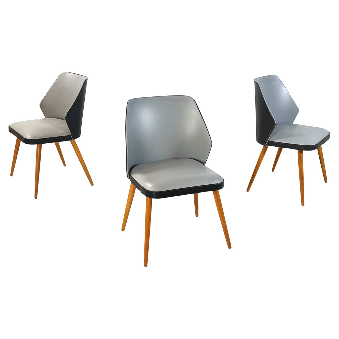 Moderne italienische Stühle aus schwarzem und grauem Leder und Holz, 1980er Jahre