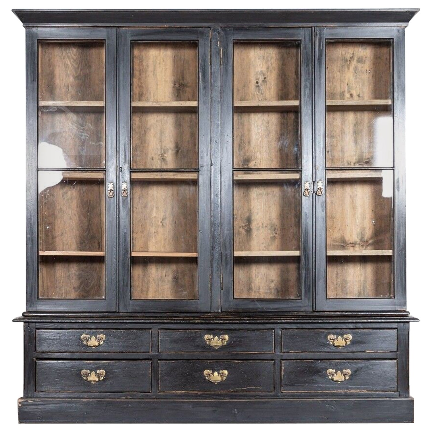 Large English 19thC Ebonised Pine Haberdashery Display Cabinet