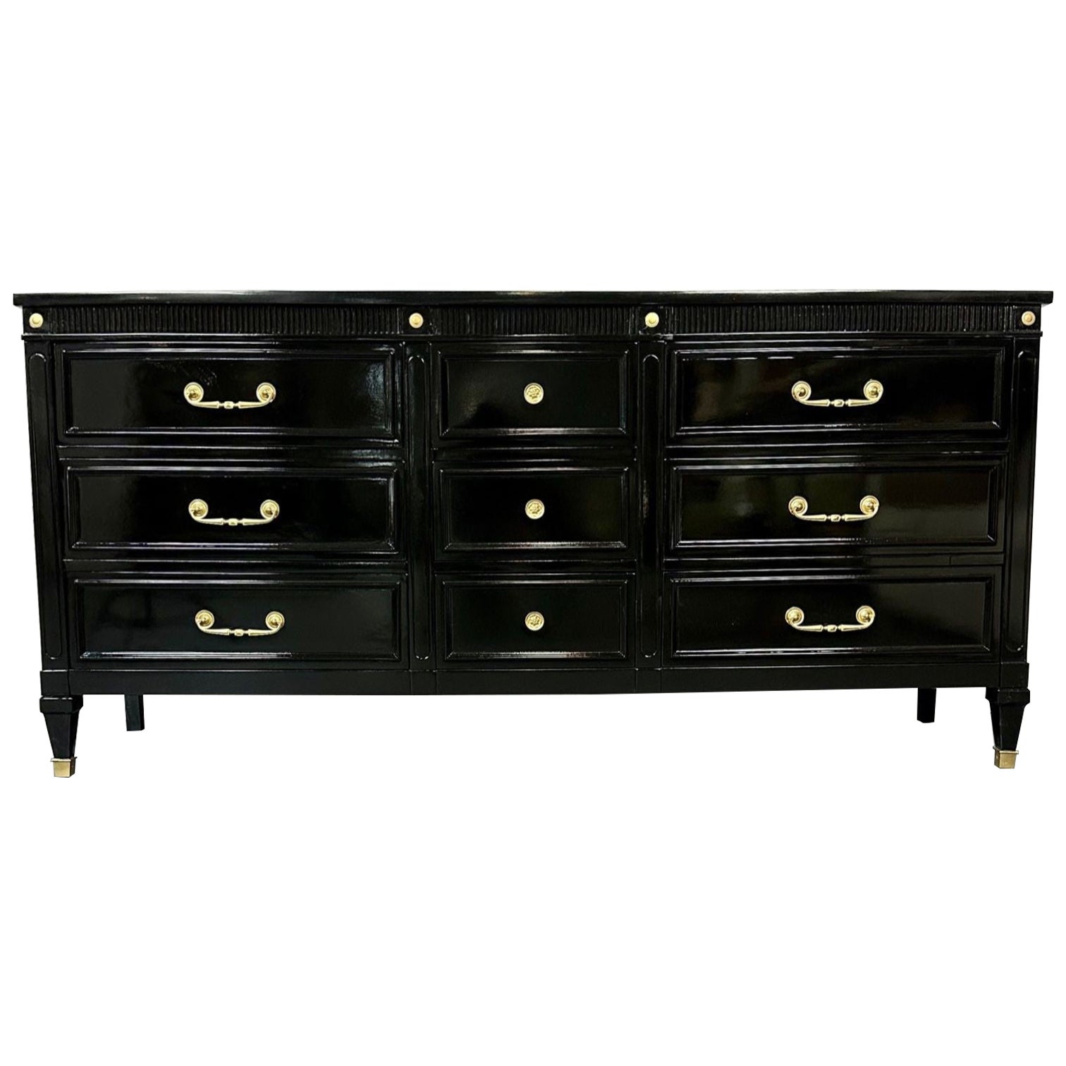 Hollywood Regency Black Lacquer Dresser, Chest, Sideboard, Maison Jansen Style For Sale