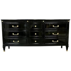 Retro Hollywood Regency Black Lacquer Dresser, Chest, Sideboard, Maison Jansen Style