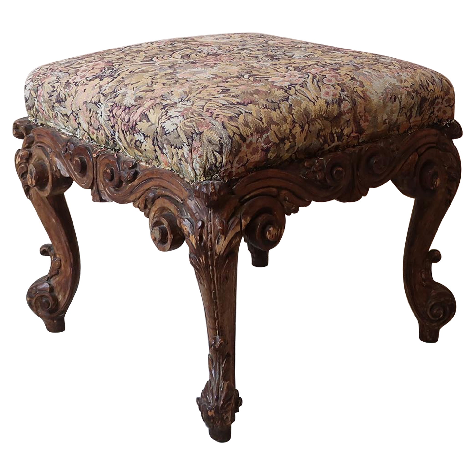 Antique Carved Pine Stool In Renaissance Revival Style. 19th Century.