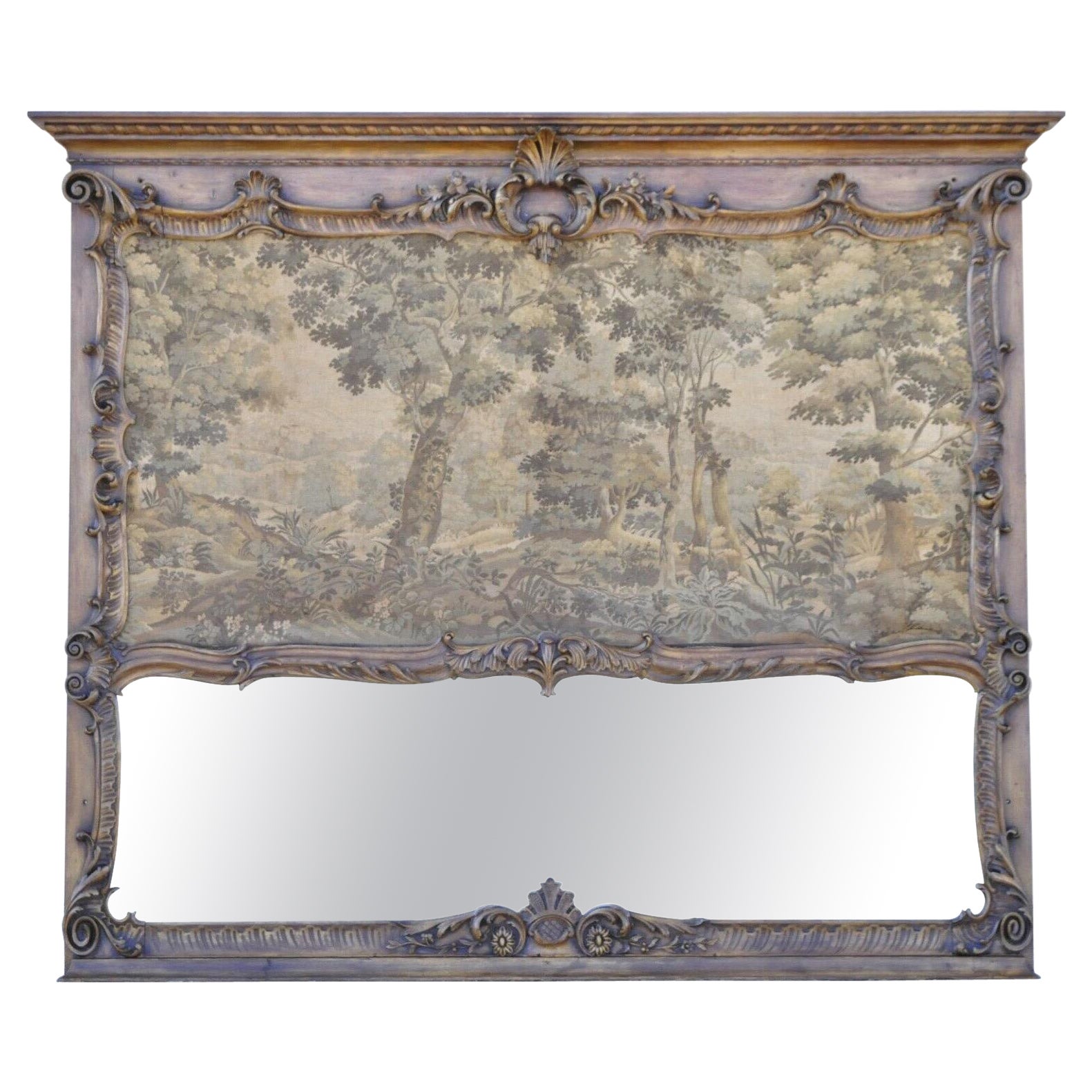 Antique French Louis XV Style Large Overmantle Trumeau Mirror with Tapestry For Sale