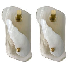 Pair of Contemporary Brass Sconces White Stripe Murano Glass, Italy