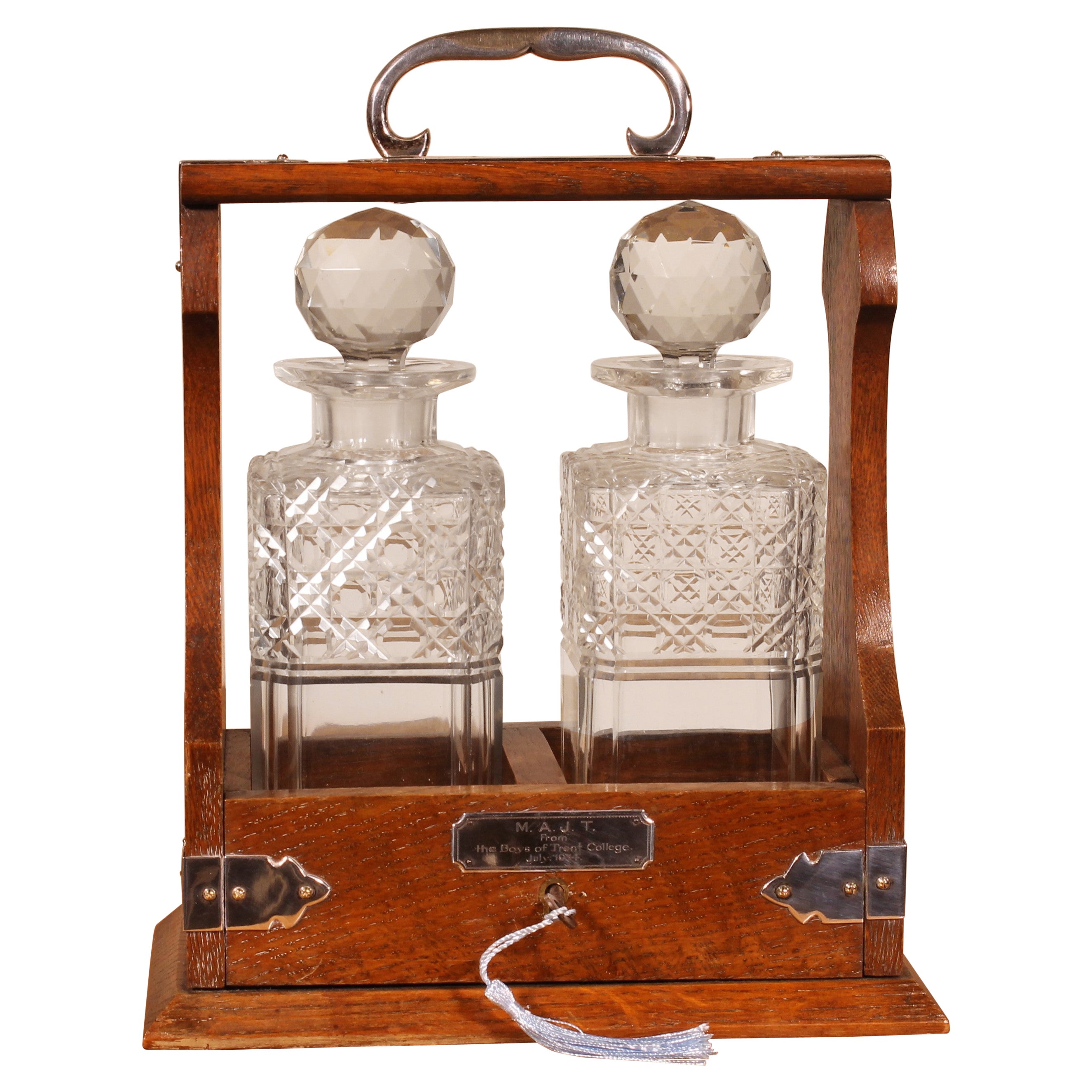 English Whisky Tantalus, Mahogany, 3 Crystal Decanters at 1stDibs