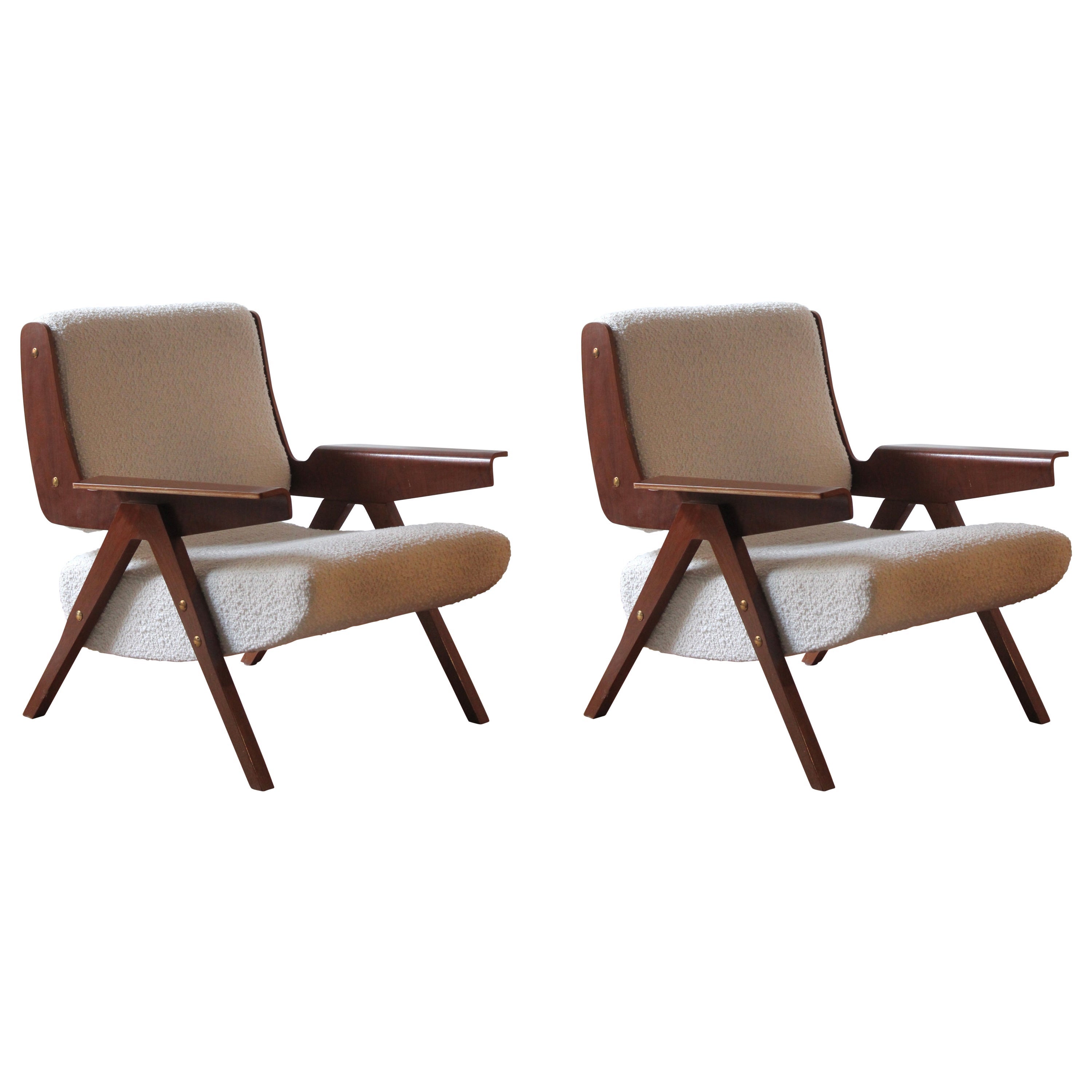 Gianfranco Frattini, Lounge Chairs Plywood, White Fabric, Cassina Italy, C. 1955