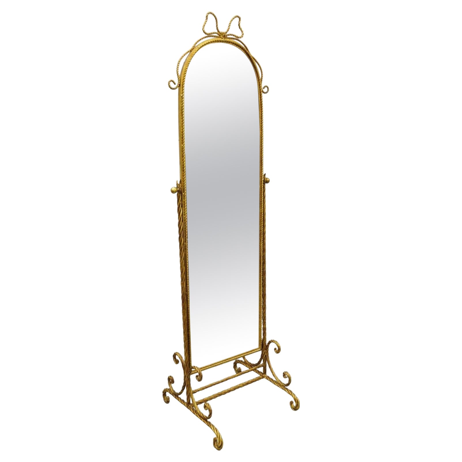 Italian Hollywood Regency Gold Gilt Iron Rope Cheval Standing Floor Mirror