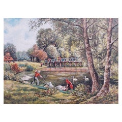 Vintage Traditional English Painting Punting on the River Ember in Surrey, England
