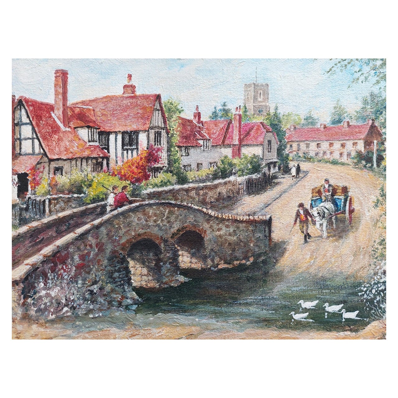 Traditional English Painting Country Village Pack Horse Bridge Crossing River For Sale