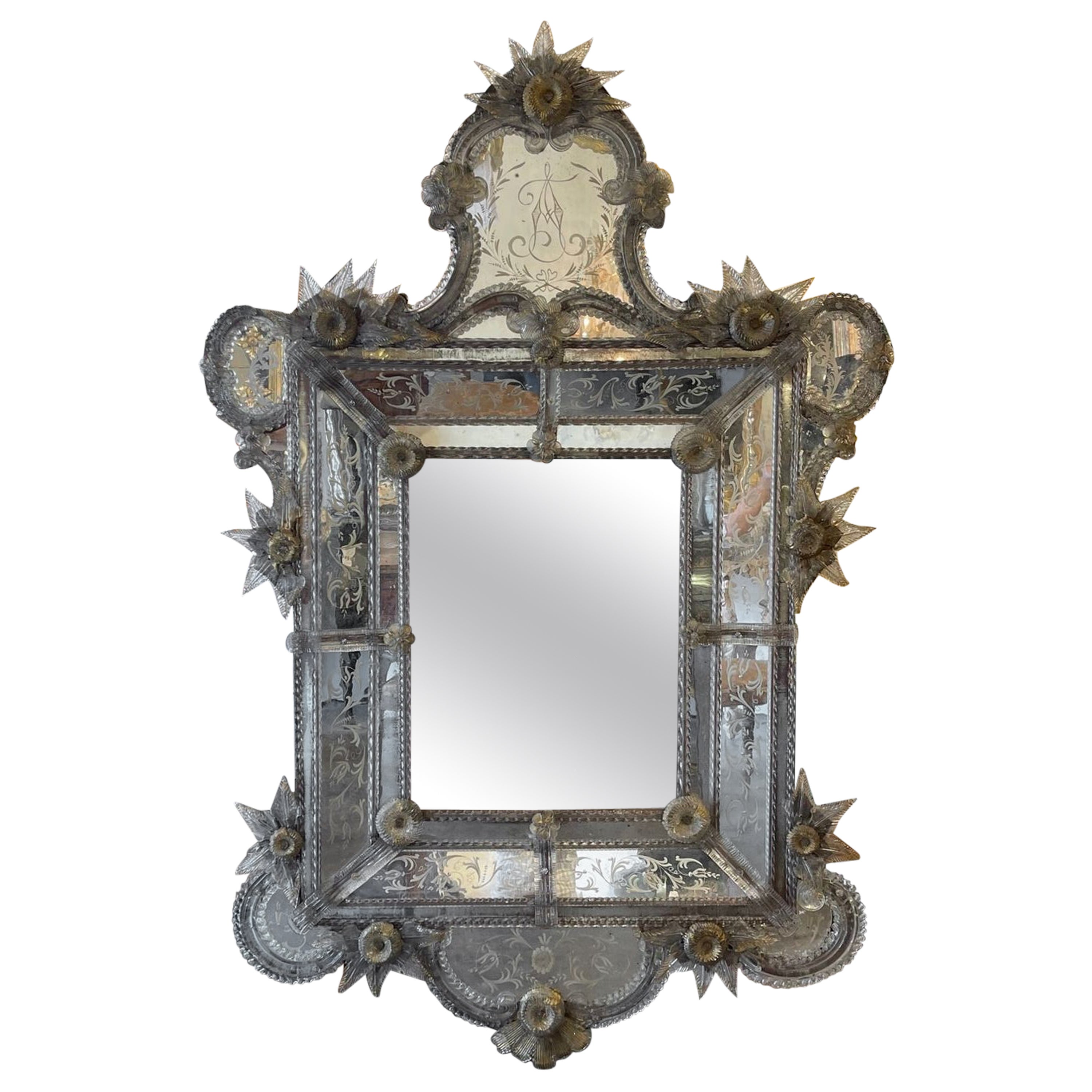 19th Century Venetian Etched Glass Mirror with Leaves and Flowers For Sale