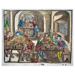 Antique 1517 Gruninger Woodcut Leaf, Playing Cards, Table Games, Gambling, Hand Colour