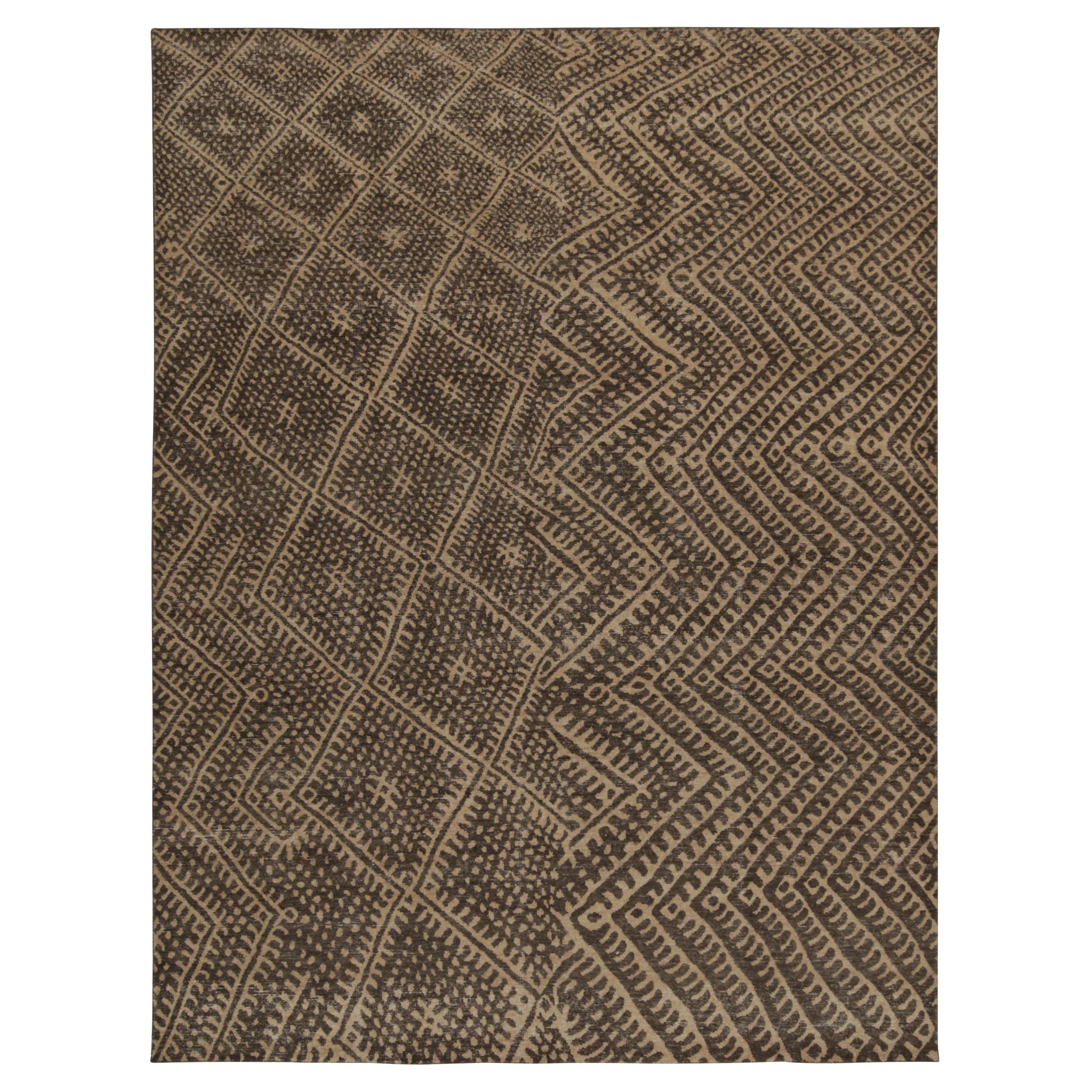 Rug & Kilim’s Distressed Moroccan Style Rug in Beige and Brown Geometric Pattern For Sale