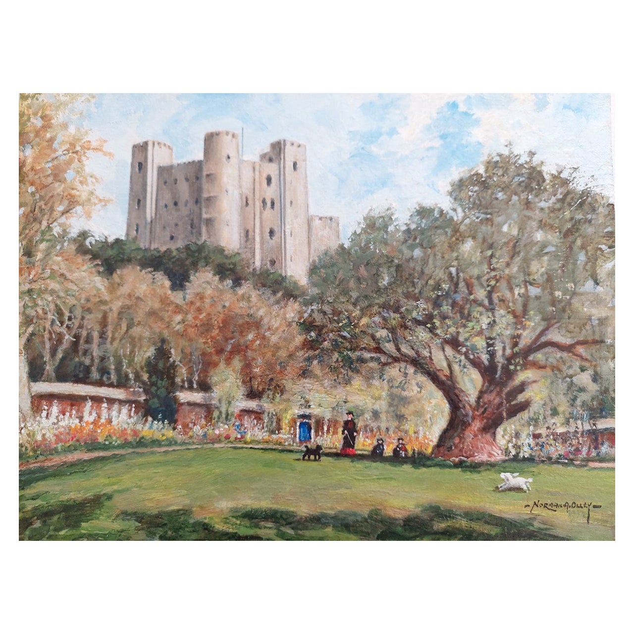 Traditionelles englisches Gemälde des Schlosses Rochester in Kent, Ansicht aus dem Vicarage-Garten im Angebot
