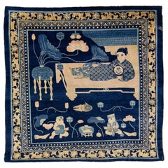 Tapis carré Art Déco chinois en laine bleu fait à la main avec motif pictural