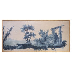 Antique Large 18th Century Italian Blue and White Landscape Painting in Giltwood Frame